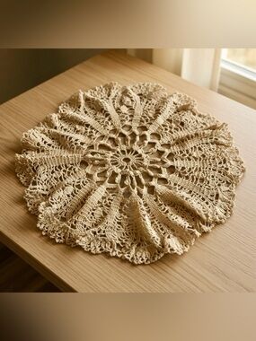 Vintage Hand Crocheted 13" Round  Doily or Table cover, Ecru